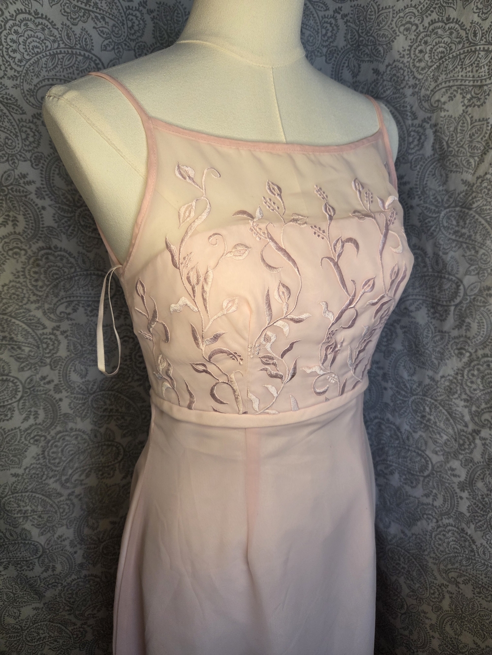 Mori Lee Blush Pink Embroidered Sheer Yoke Spaghetti Strap Dress
